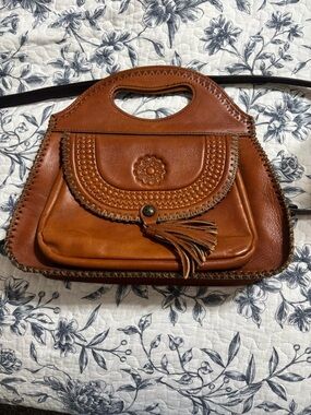 Patricia Nash Cognac Brown Leather Shoulder Bag with Tassel